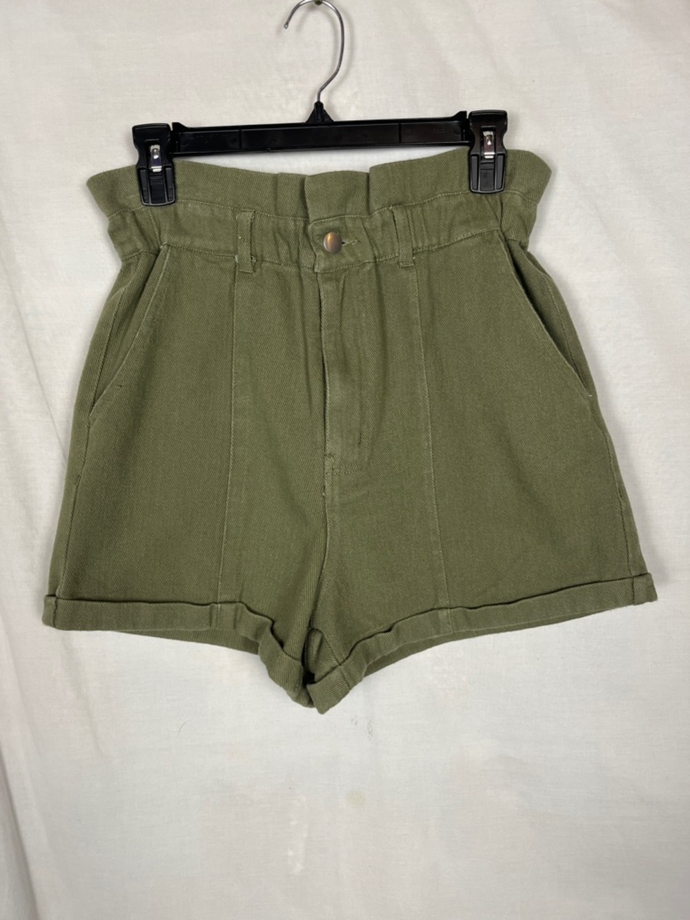 La February Olive Green High Rise Ruffle Cotton Shorts